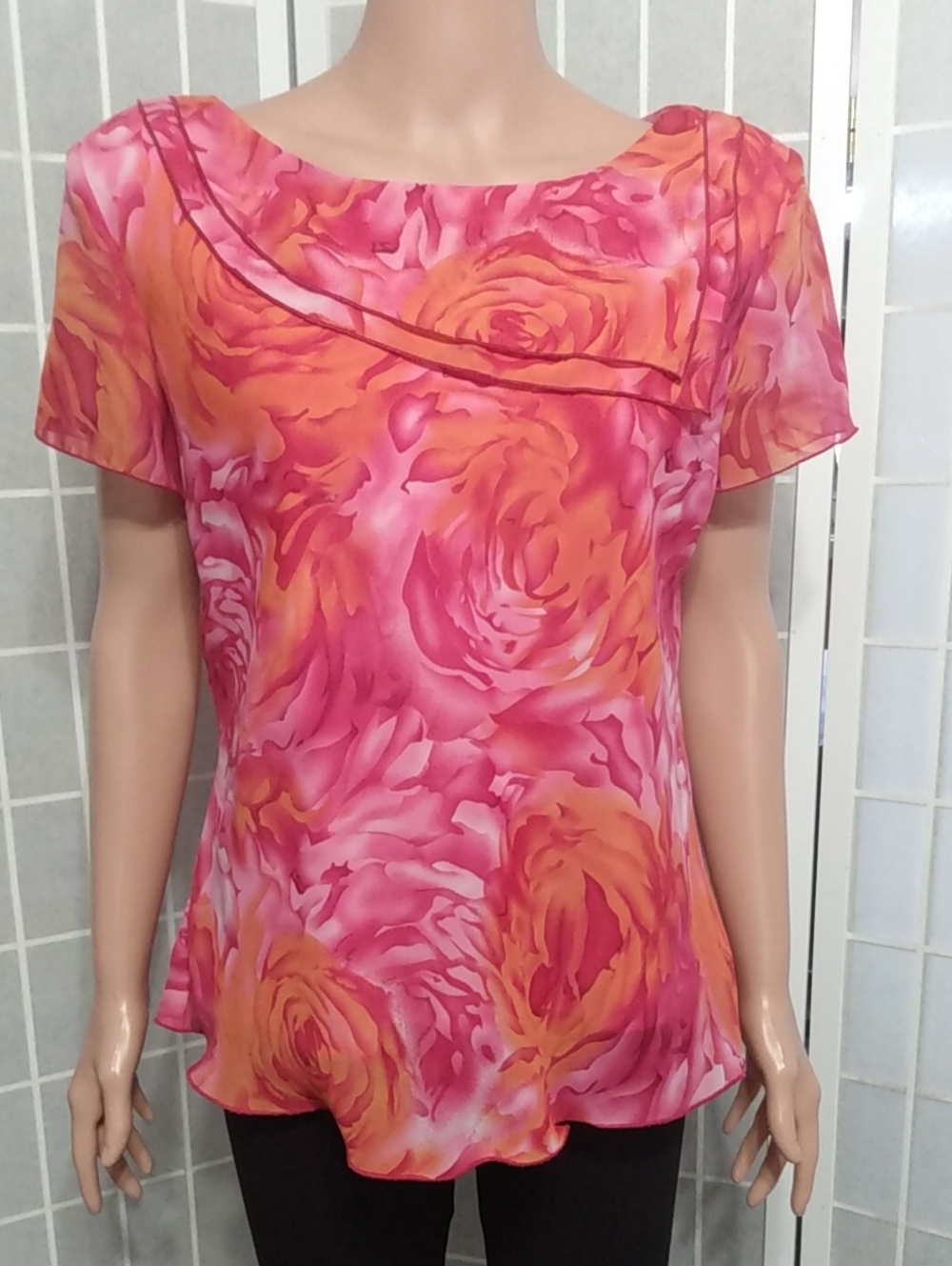 R & K Pink/Orange Floral Chiffon Top- Women's 12 - Short Sleeves